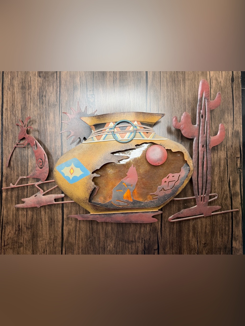 Vintage Southwestern Metal Wall Art - Desert Scene in Rust, Yellow, Blue